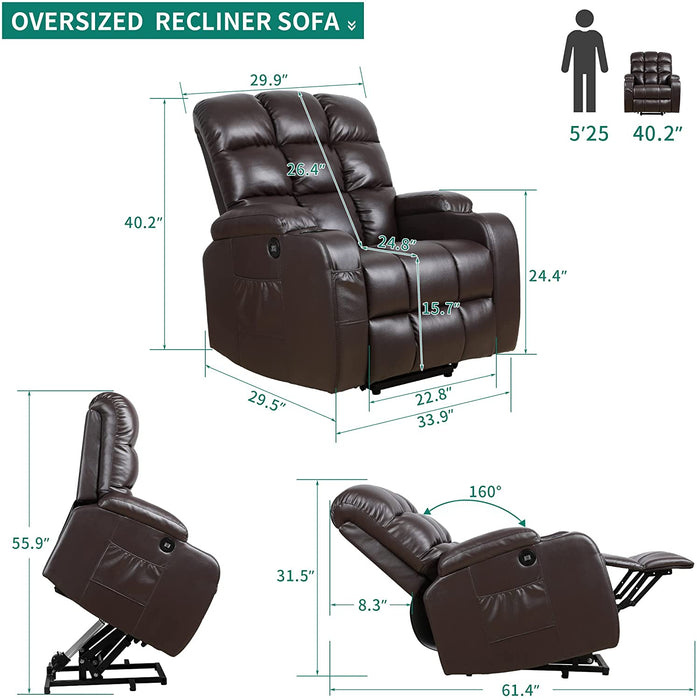 Brown Power Lift Recliner With Heat and Massage With Cupholders - Relaxing Recliners