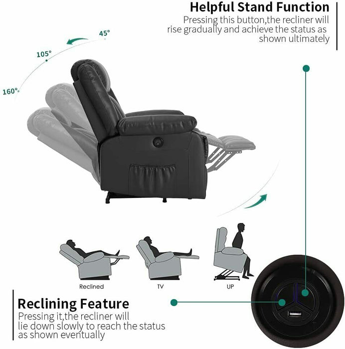 Power Lift Leather Recliner Chair With Massage and Heat, USB Ports - Relaxing Recliners