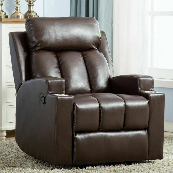 Recliner Chair With Cup Holders Breathable PU Leather Theater Home Sofa - Relaxing Recliners