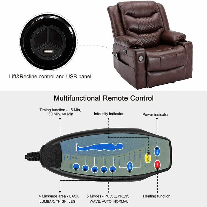 Brown Power Lift Recliner Massage Chair With Heat For Seniors - Relaxing Recliners