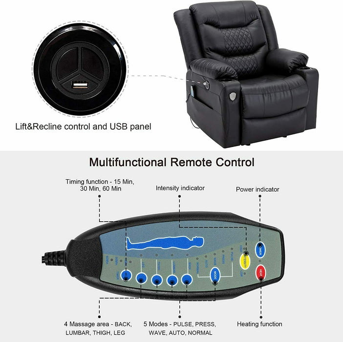 Black Power Lift Recliner Massage Chair With Heat For Seniors - Relaxing Recliners