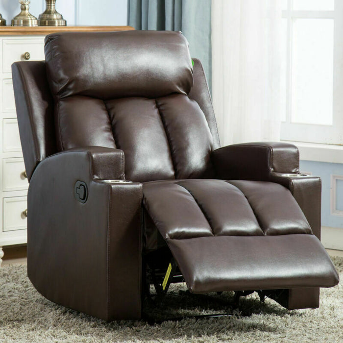 Recliner Chair With Cup Holders Breathable PU Leather Theater Home Sofa - Relaxing Recliners