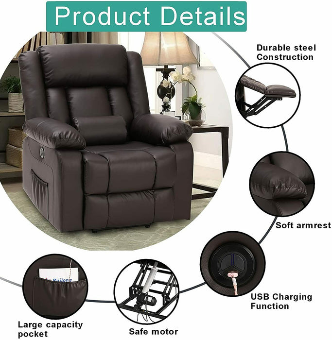 Power Lift Leather Recliner Chair With Massage and Heat, USB Ports - Relaxing Recliners