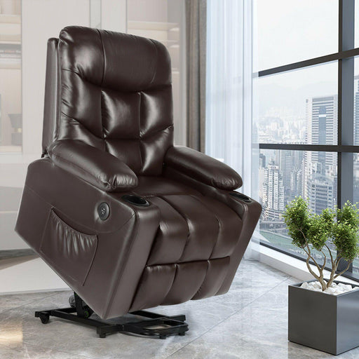 Brown Auto Electric Power Lift Massage Chair Leather Recliner Heat With USB - Relaxing Recliners