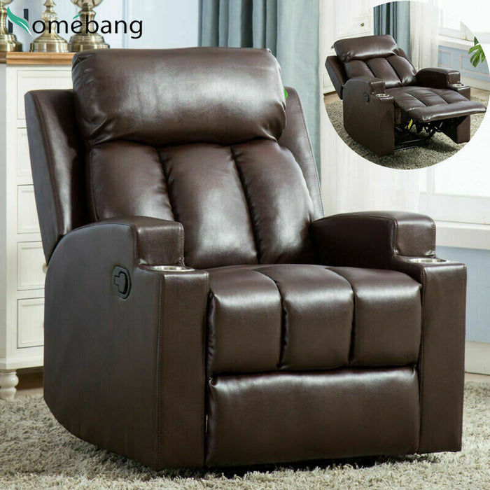 Recliner Chair With Cup Holders Breathable PU Leather Theater Home Sofa - Relaxing Recliners